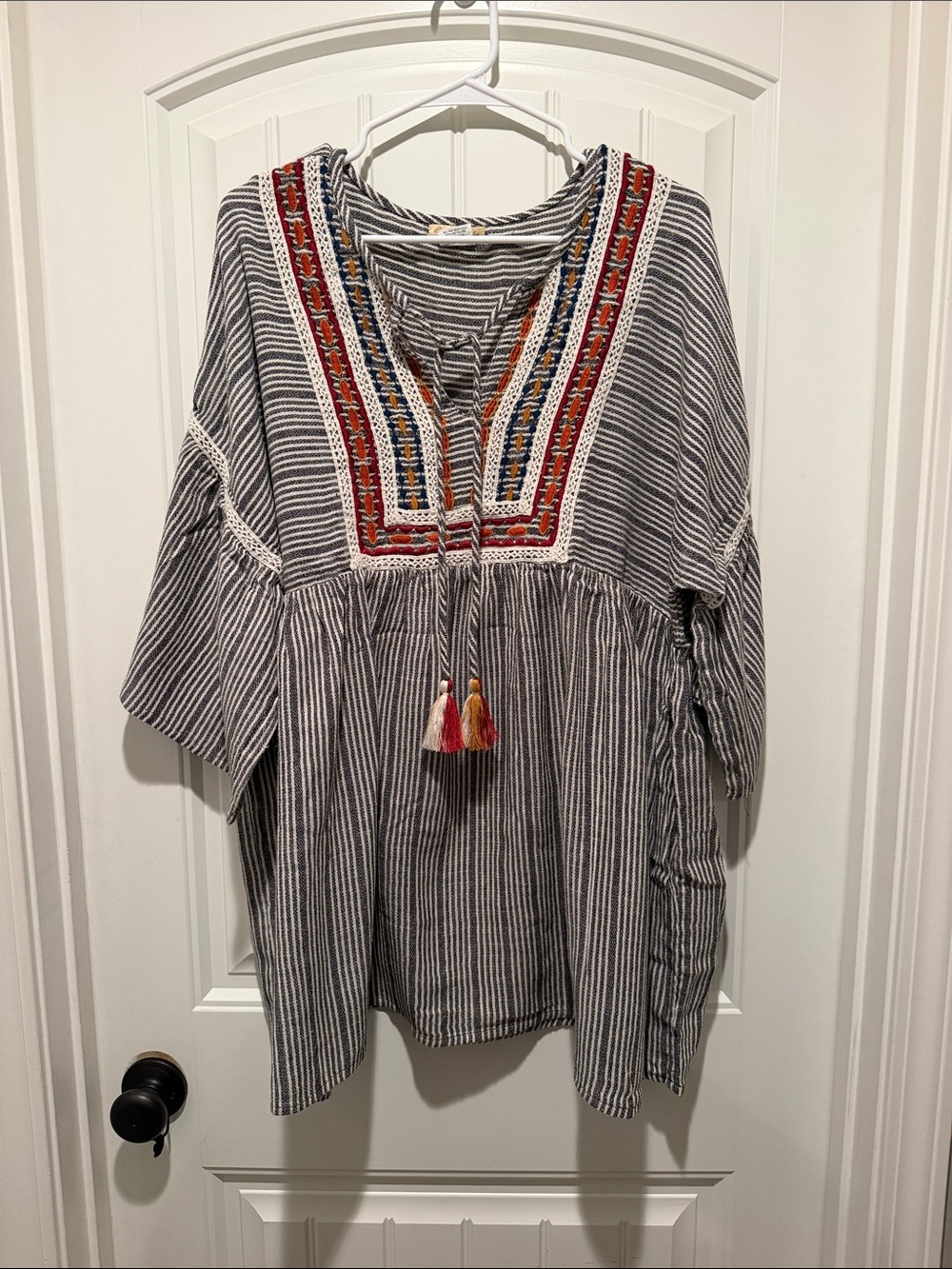 Striped Embroidered V-Neck Tunic with Tassel Detail - Black/White